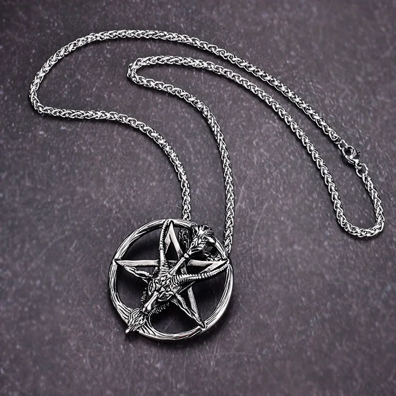 Baphomet Satan Necklace Satanic Jewelry Stainless Steel Lucifer Goat Pendant Antique Vintage Round Silver Color For Men Women