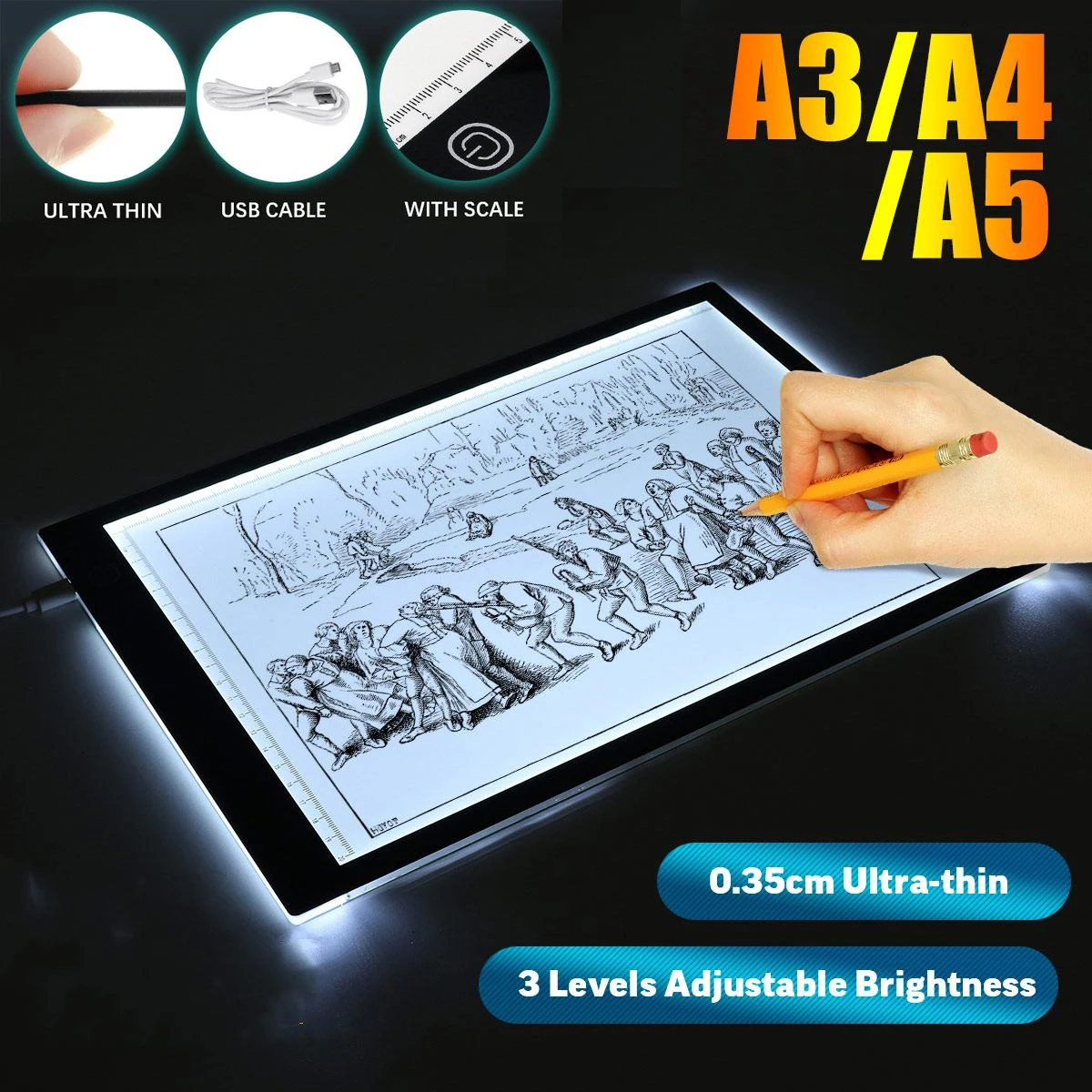 A3 A4 A5 Portable Tracing LED Copy Board Light Box Ultra Thin Dimmable Brightness Artcraft Light Table Pad Board with Scale