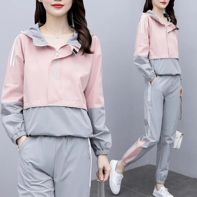 Spring Women Warm Stripe Two Piece Set Hooded Tops And Pant Casual Metching Set Outfit Large Plus Size Slim Sport Suit Tracksuit