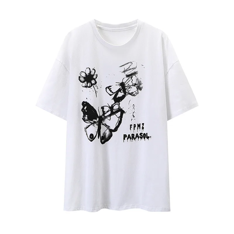 PUWD Y2K Girl Cotton Butterfly White T-Shirt 2022 Summer Fashion Ladies Loose Streetwear Short Sleeve Tops Women Casual Tees