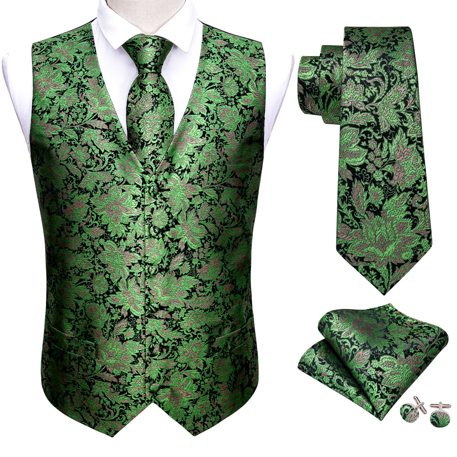 Groene Mens Luxe Brokaat Geweven Bloemen Pak Vest Set Zijden Stropdas Vest Set Mannen Kleding Barry.Wang Mode Designer M-2040