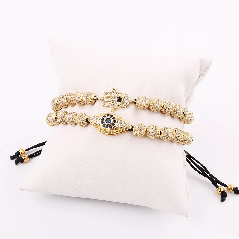 New Design Luxury Men Jewelry Gold Plated CZ Pave Eye Hand Charm Beaded Macrame Bracelet Set Male