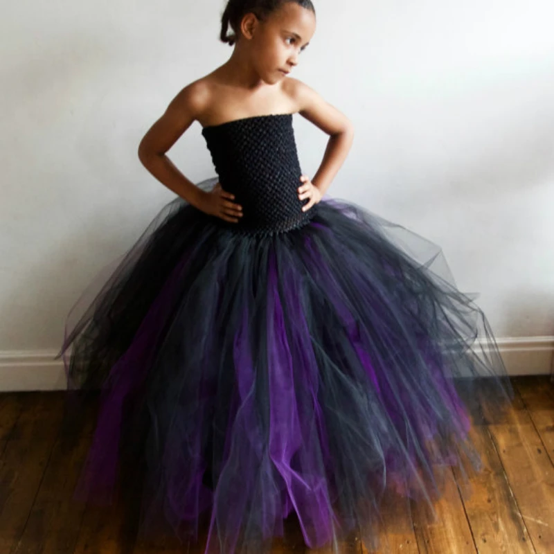 Girls Black Purple Tutu Dress Kids Crochet Corset Tulle Dress Long Ball Gown Children Halloween Birthday Party Costume Dreeses