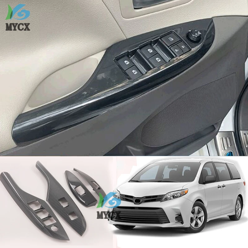 Car Door Armrest Panel Cover Interior Window Glass Lift Switch Button Trims For Toyota Sienna 2015- 2020 ABS Carbon Accessories