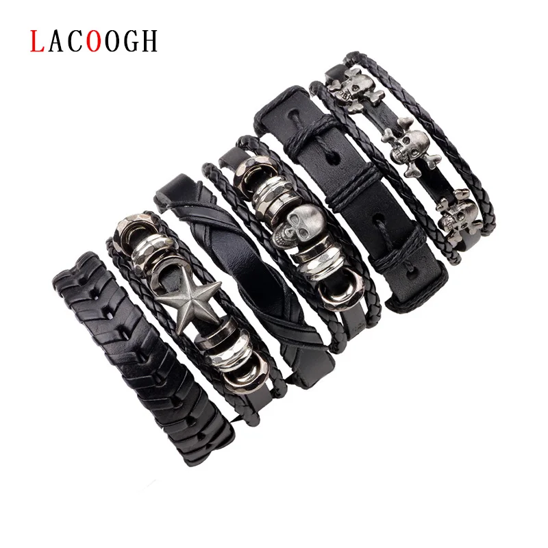 Wholesale 3-6pcs/lot Handmade ethnic tribal genuine wrap charming male pulsera black braided leather bracelets bangles