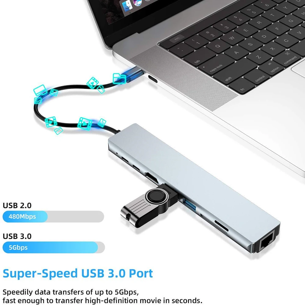 Imagem -03 - Usb c Hub Tipo-c 3.1 a 4k Hdmi-compatível com Rj45 Usb sd tf Leitor de Cartão pd Carga Rápida 8-em1 Doca Usb para Macbook ar Pro Hub