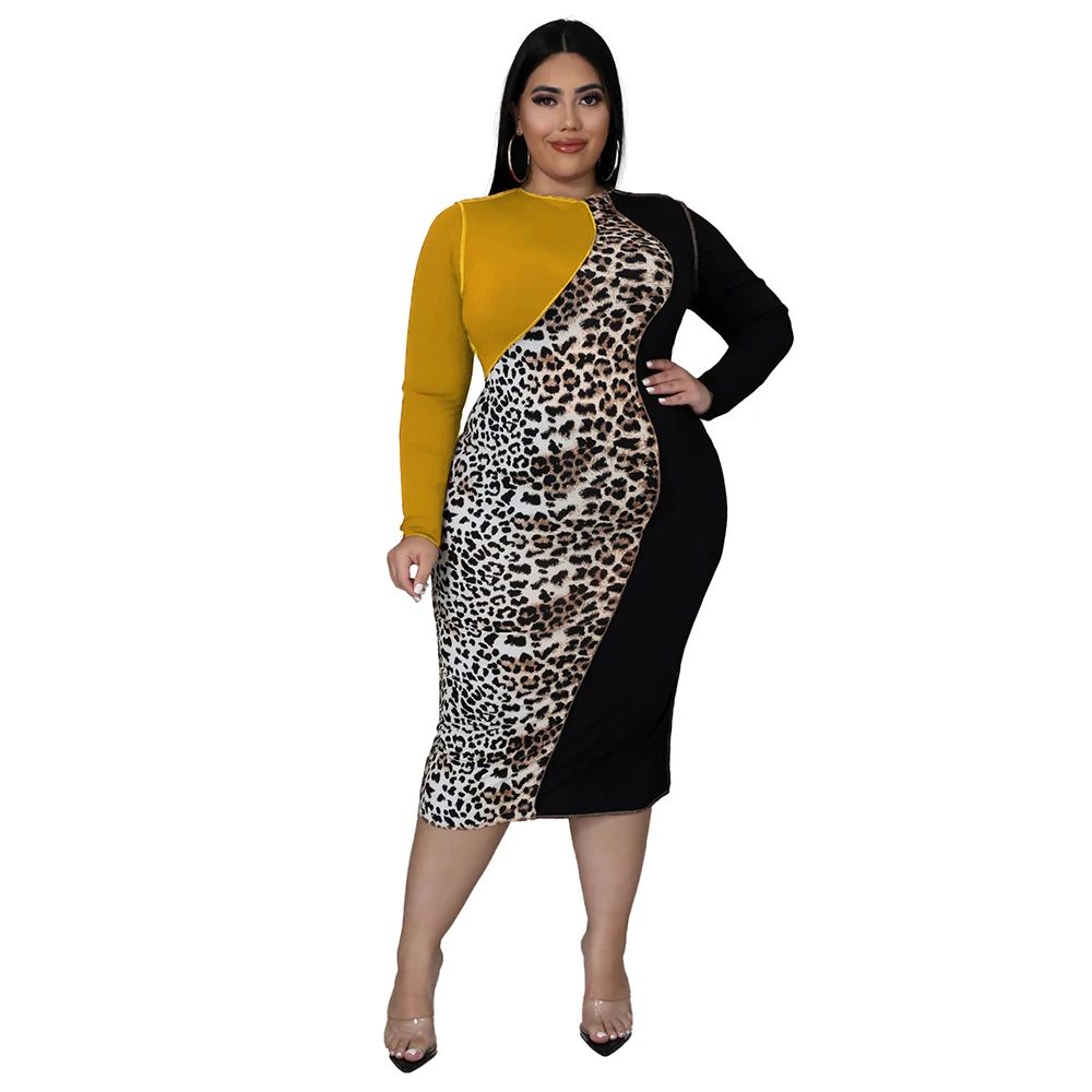 Streetwear Luipaard Patchwork Mode Elegant Midi Jurk Ronde Hals Lange Mouw Casual Plus Size Vrouwen Kleding 4xl 5xl Groothandel