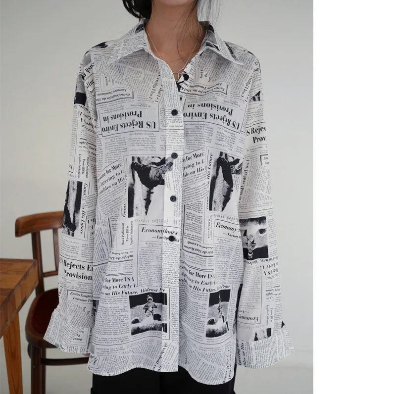 Camisa de manga larga con cuello vuelto para mujer, blusa informal holgada con estampado de letras blancas, Tops nuevos de otoño, P009, 2019