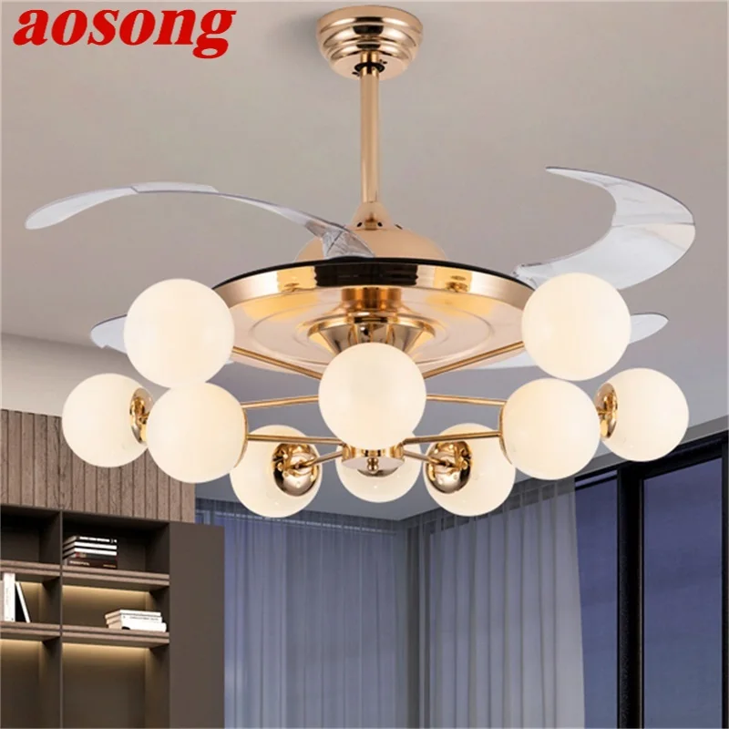 

AOSONG Ceiling Fan Light Invisible Luxury Branch Lamp With Remote Control Modern LED Gold For Home Living Room