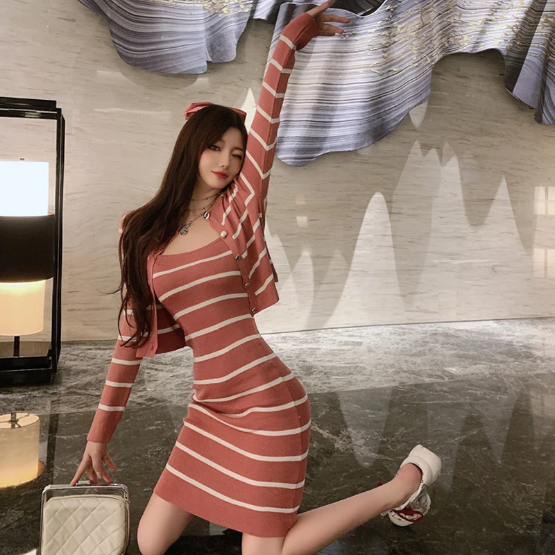 Autumn Casual Retro Wild Thin O Neck Long Sleeve Striped Cardigan Knitted Coat Crop Wrap Hip Sexy Spaghetti Strap Dress Mini