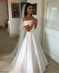 Off The Shoulder Wedding Bridal Gowns Simple Satin A Line Wedding Dresses Sweep Train Casual Dresses Zipper With Buttons Back