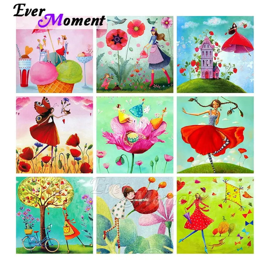 Ever Moment Diamond Painting Cartoon Europe Style Girl Paint Square Round Stones Embroidery Display Wall Art Decoration ASF2248