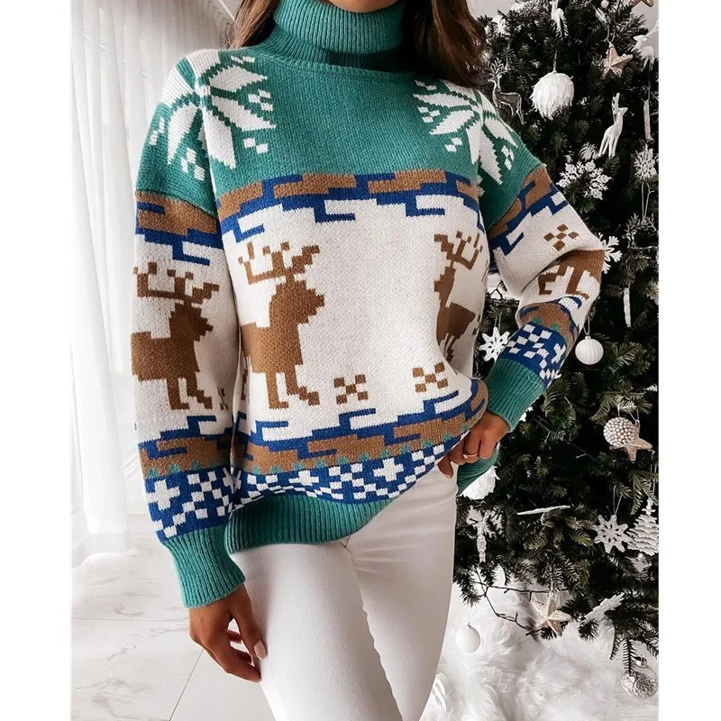 Women\'s Christmas Turtleneck Sweaters Long Sleeve Elk Snowflake Pattern Loose Knit Tops Women\'s Pullovers Streetwear Autumn