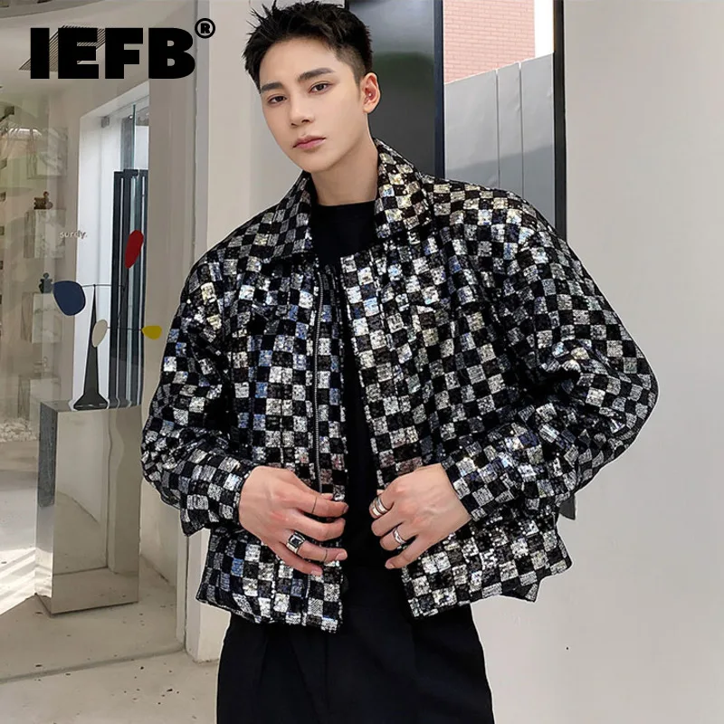 IEFB Sequin Embroidered Plaid Short Men's Jacket Chic Design Lapel Zipped Short Coat 2023 New Autumn Oversized Clothing 9Y9983