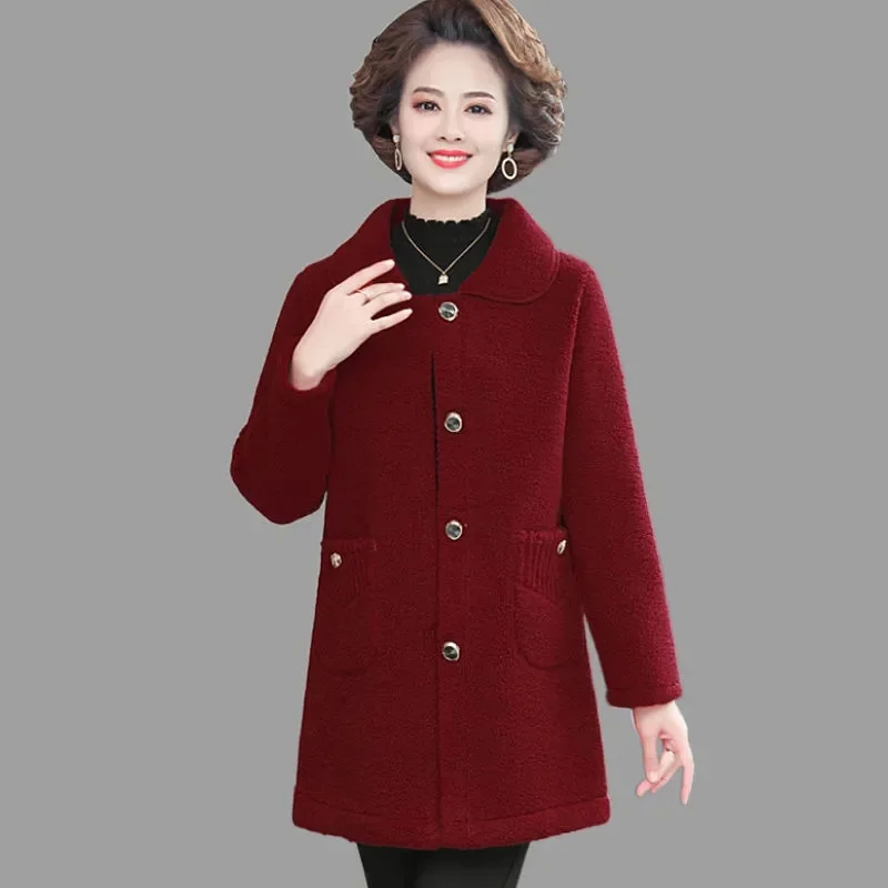 XL-6XL nuovo abbigliamento donna anziana di mezza età addensare imitazione cappotto di lana di agnello cappotto di velluto granulare di media lunghezza invernale della madre