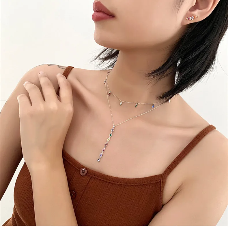 925 Sterling Silver Simple Color Zircon long tassel necklace Women Light Luxury Sexy Low-cut Jewelry Accessories Girlfriend Gift