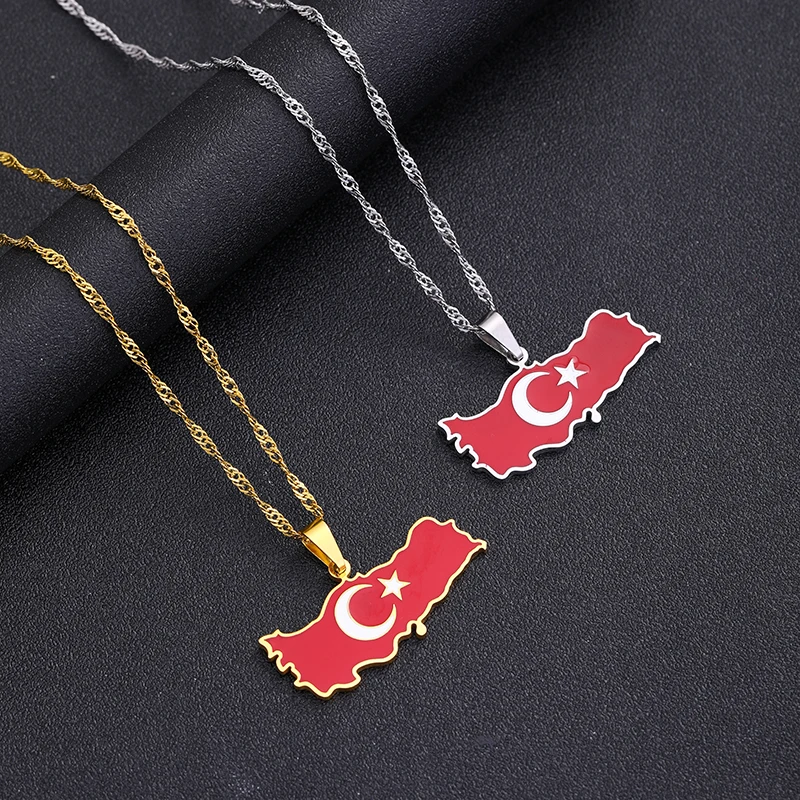 Fashion Stainless steel Turkey Map Flag Necklace Pendant Women Turkish Silver Color/Gold Color Party Jewelry Turkiye Cumhuriyeti