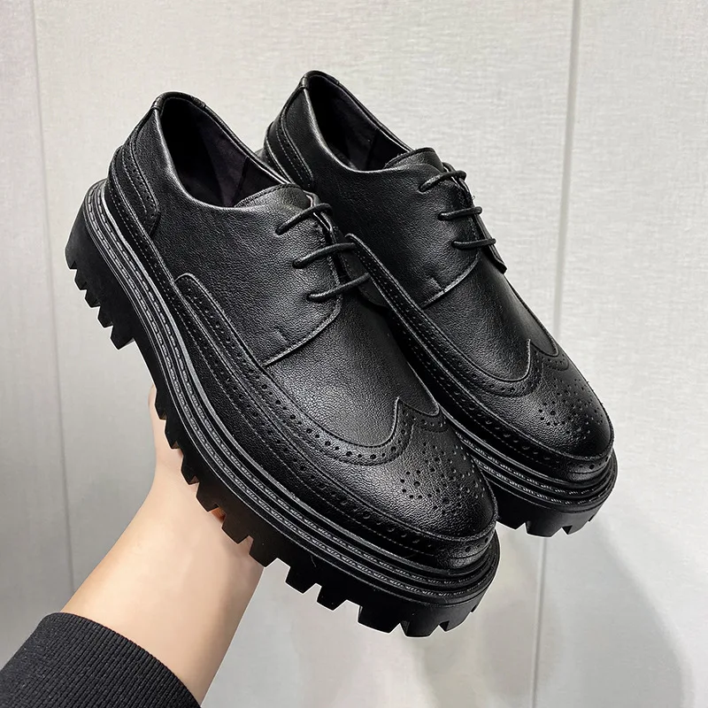 Yomior 2021 Business Causal Leather Shoes High Quality Wedge Formal Dress Loafers Platform Vintage Black Wedding Brogue Shoes