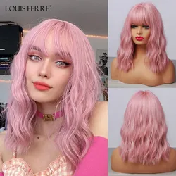 LOUIS FERRE Short Bob Purple Pink Wig for Women Pastel Wavy Wig With Air Bangs Medium Curly Wavy Cosplay Synthetic Colorful Wig