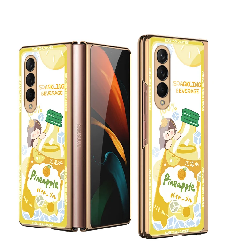 Z Fold 3 Funda Case for Samsung Galaxy Z Fold 3 Z Flip 3 Pineapple Sparkling Water Pattern Tempered Glass Coque Phone Case Cover