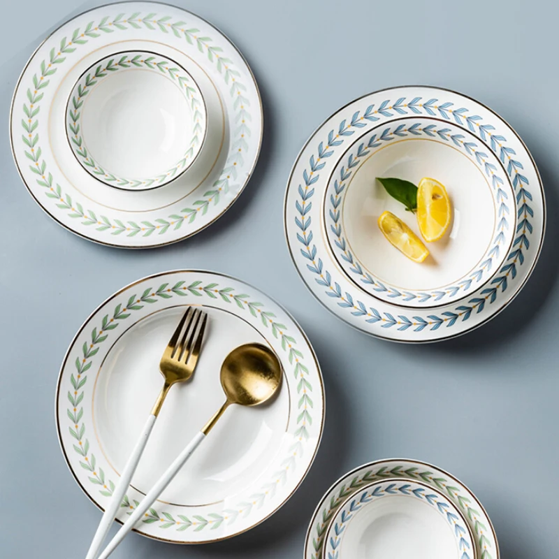 KINGLANG New Leaf Rim Goldener Keramik-Essteller Großhandel Porzellan-Reissalatschüssel Dessert-Kuchenschale