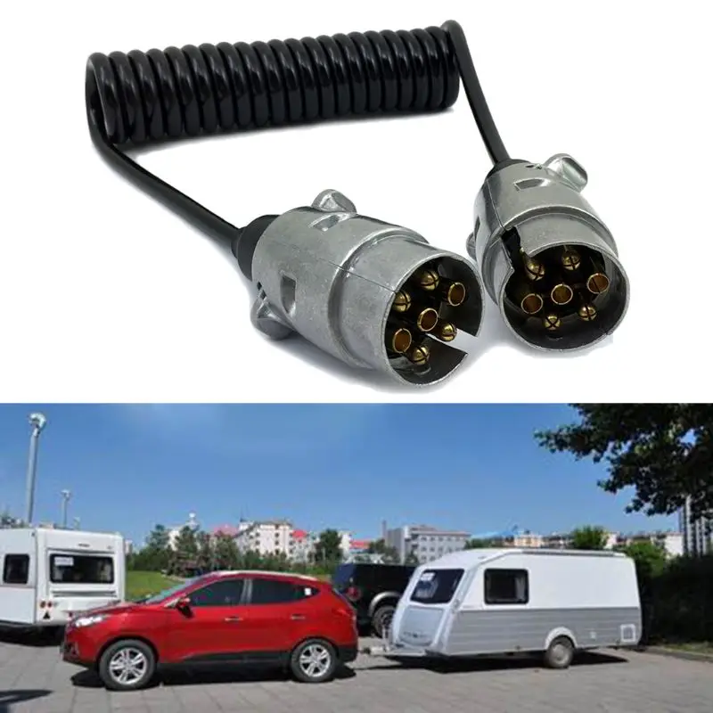 

7 Pin Metal Trailer Plugs w/curly extension Cable Lead 1.5M Male To Male 12V Trailer Lighting Board Caravan