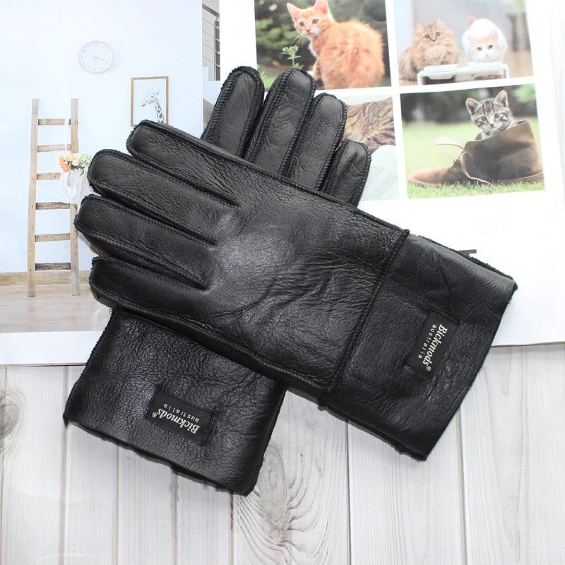 New winter warm men\'s sheepskin fur gloves leather thick wool outdoor wind and cold gloves