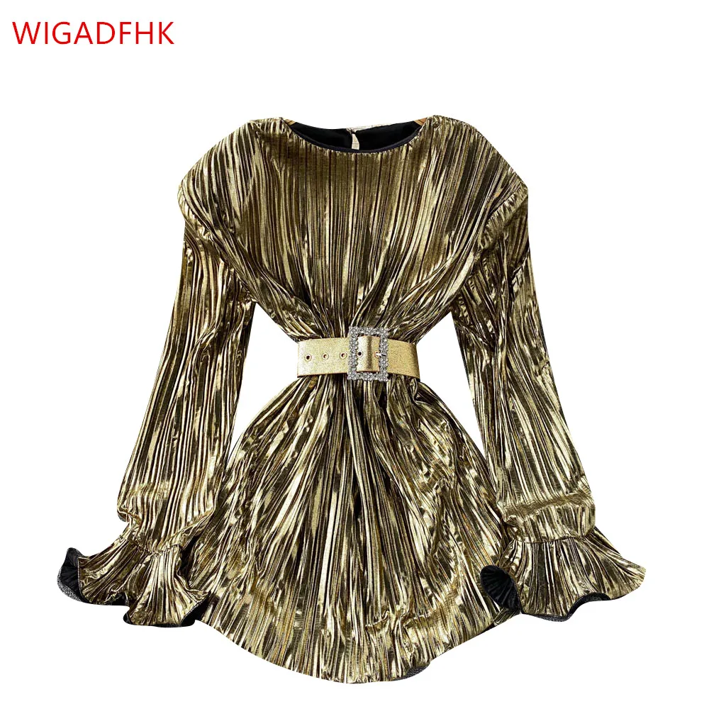 

Elegant Women's Banquet Dress Short Skirt Autumn Women's Fashion Golden Lacquer Light Lace-up Waist Flared Long-sleeved Dress