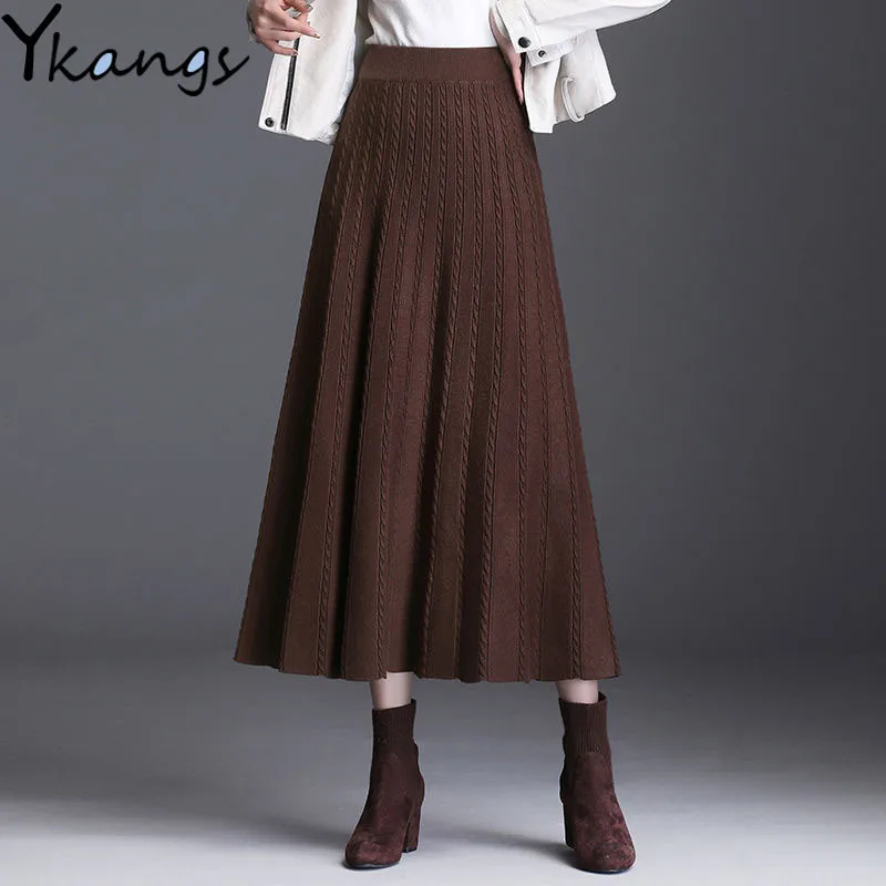 

Winter Thick Warm Women Pleated Skirt Lurex High Waist Knitted Sweater Skirts Korean Autumn Long A Line Midi Skirt Black Gray