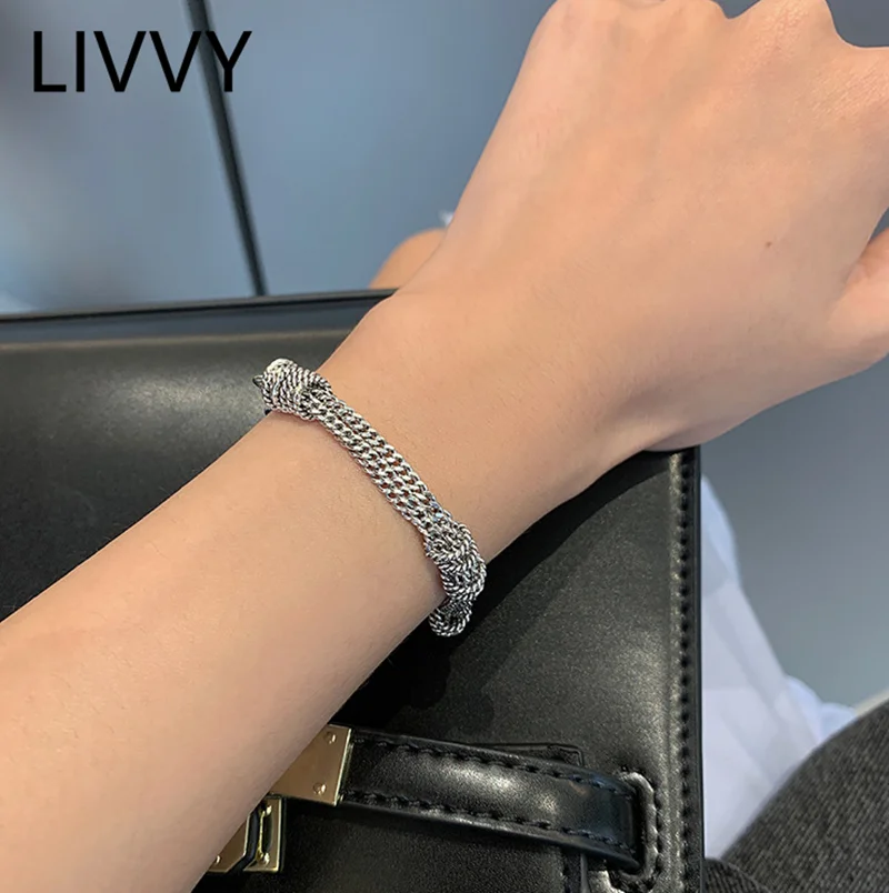 LIVVY 2025 New Silver Color Weave Circle Multi-Layer Chain Bracelet Woman Unique Punk Trendy Vintage Elegant Jewelry Wholesale