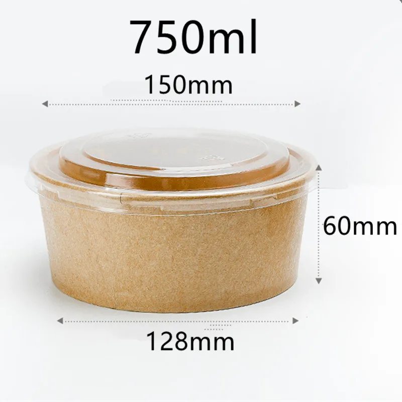 50pcs Round kraft paper bowl kitchen food fruit salad snack picnic packaging boxes creative 3 grid plate 750ml/1000ml/1300ml