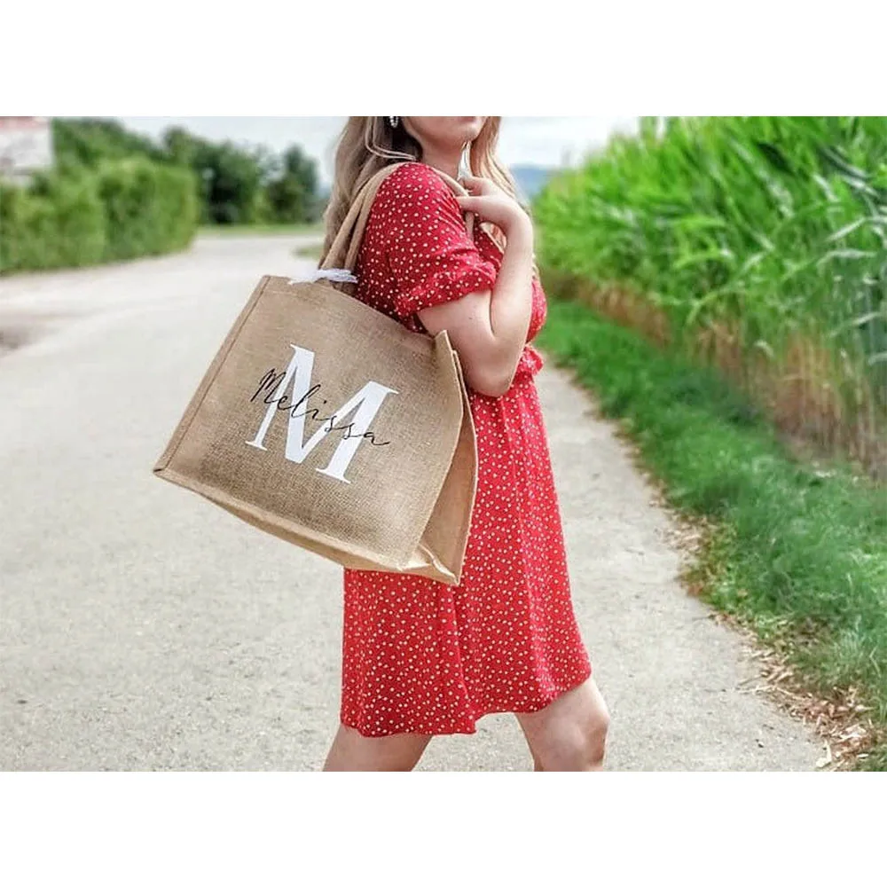 Personalized Natural Jute Bag Custom Initials Gift Tote Bag Birthday Christmas Party Gifts Shopper Bag with Your Name