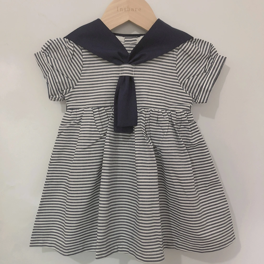 Children Boutique Spanish Clothing Boys Girls Navy Striped Clothes Short Sleeve Cotton Linen Set Sister Brother Clothes 0-6years