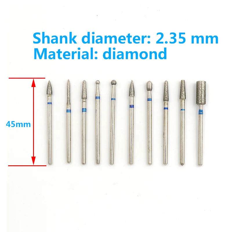 10pcs Plating Diamond Grinding Head 2.35mm Shank Rotary Drill Bit Burrs Mold Trimming Jade Glass Ceramic Engraving Carving Tool