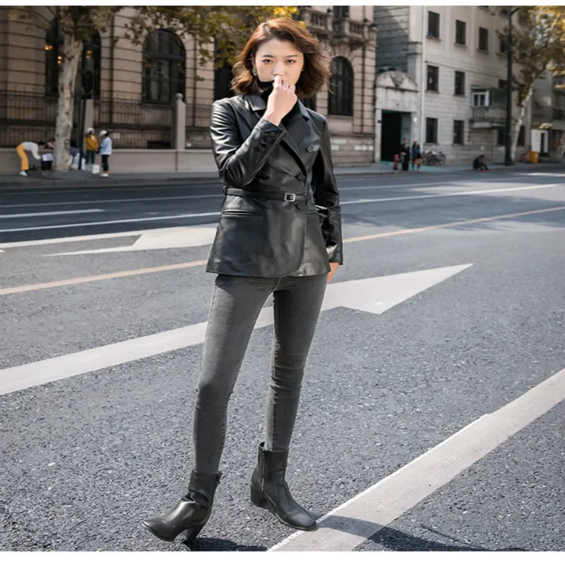 Sonbahar hakiki deri ceket kadın kıyafetleri 2020 moda Streetwear Moto koyun derisi ceket + kemer Chaqueta Mujer 9903 LW732