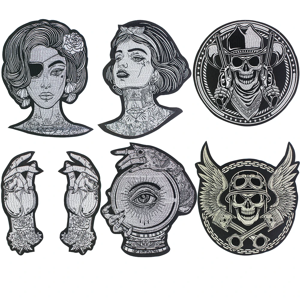 Large Skull Guns Patch Embroidered Beauty Girl Sticker Iron on for Back Jacket Motorcycle Rider Hands Badge 1pc TH2067