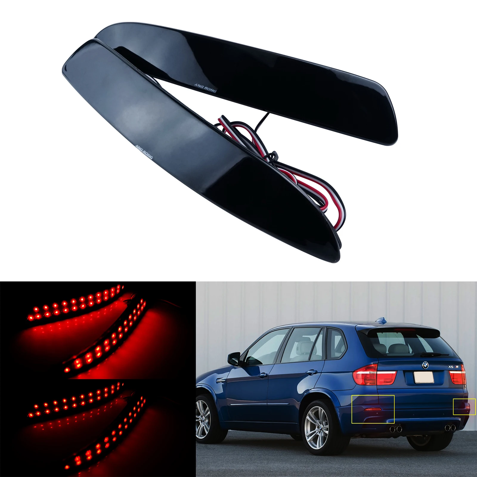 ANGRONG 2X Black Smoked Lens LED Rear Bumper Reflector Brake Stop Light Red For BMW E70 X5 06-13