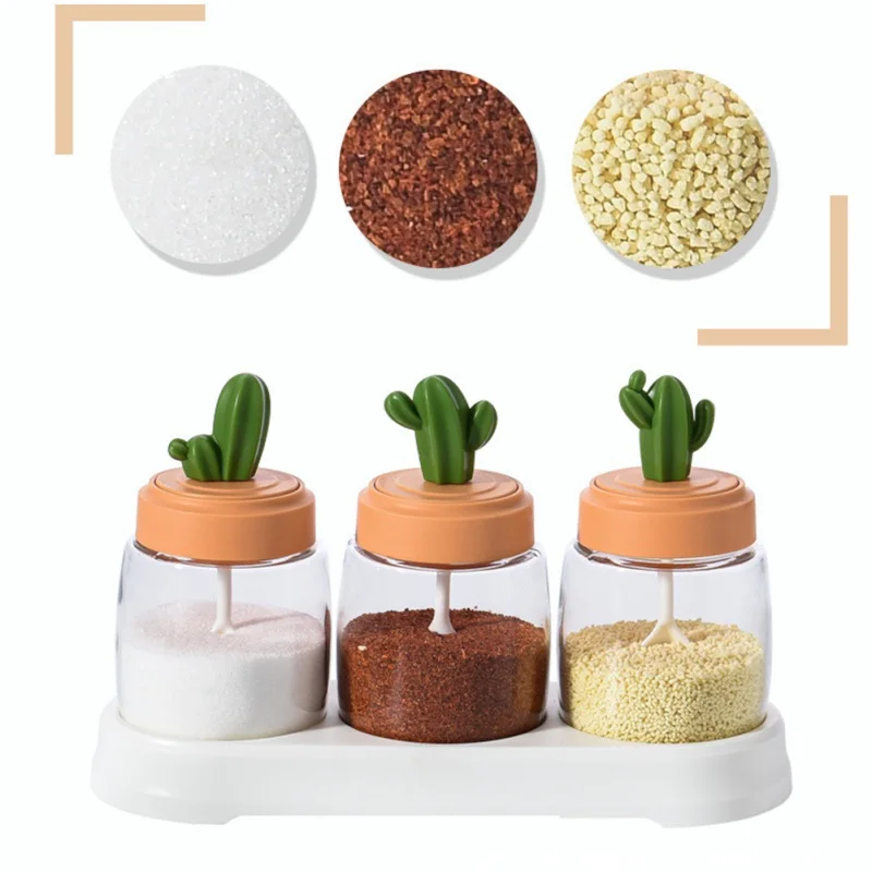 Transparent Glass Spice Jar With Cactus Lid And Spoon Kitchen Seasoning Bottle For Salt Sugar Pepper Powder Salt Glass Jar