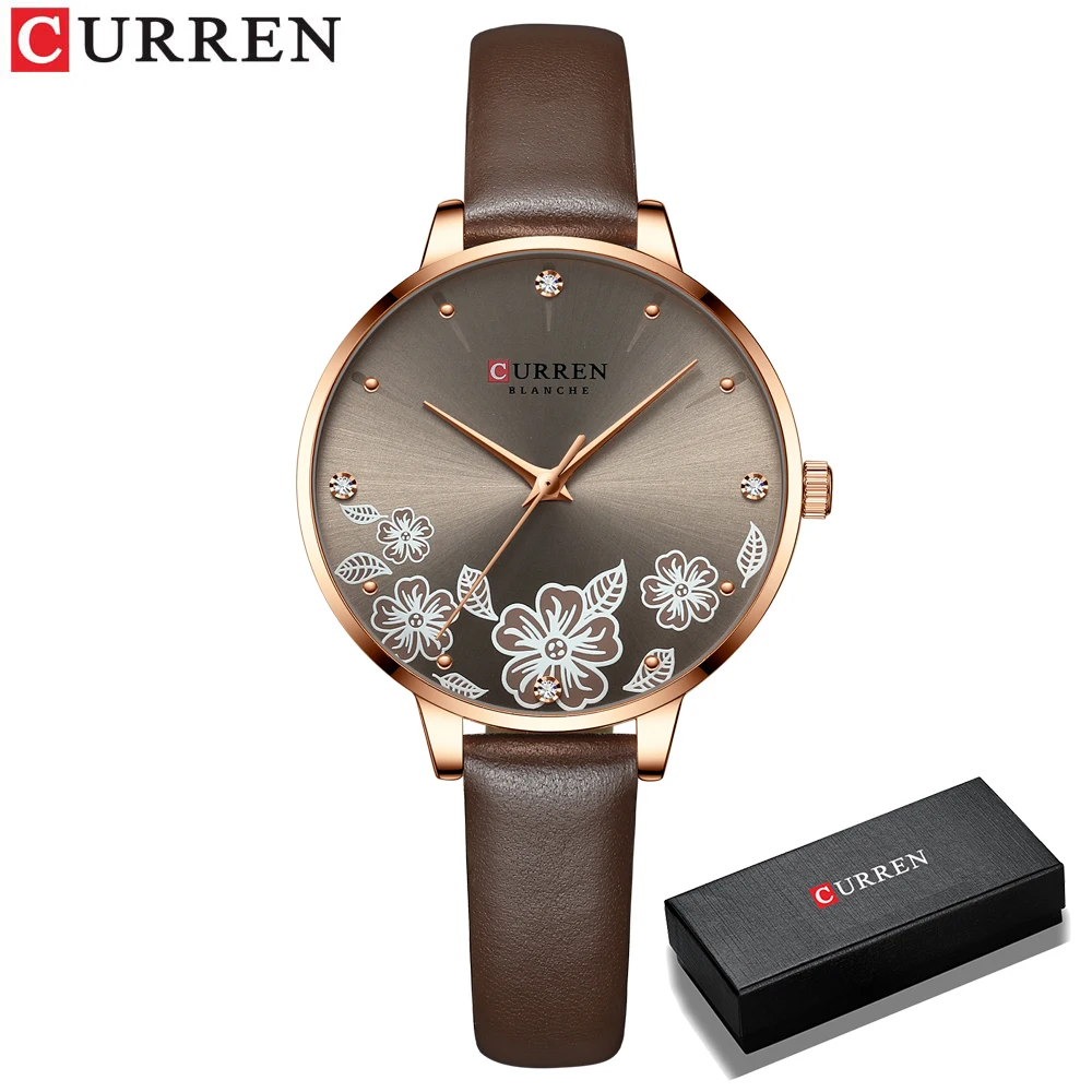 CURREN Uhren Frauen Marke Leder Quarz Armbanduhren Luxus Design Uhr für Damen Charme Blumen Zifferblatt Montre Femme