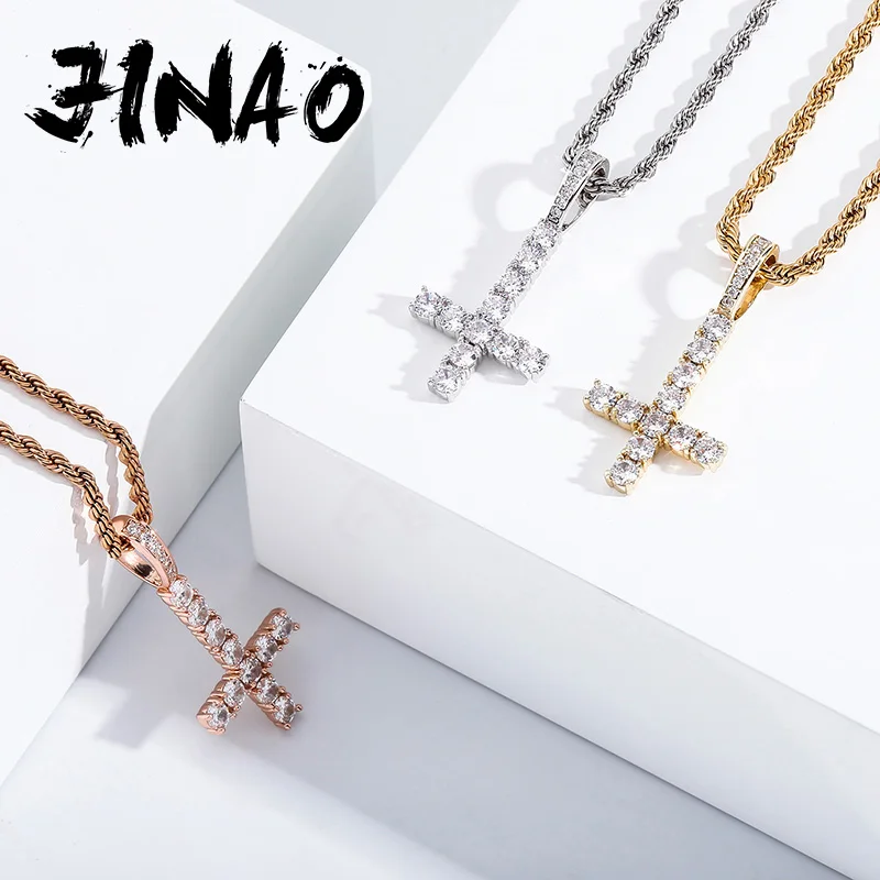 JINAO New High Quality Iced Out Cubic Zircon Fashion Cross Crystal Pendant&Necklace Hip Hop Fashion Jewelry FemaleGift