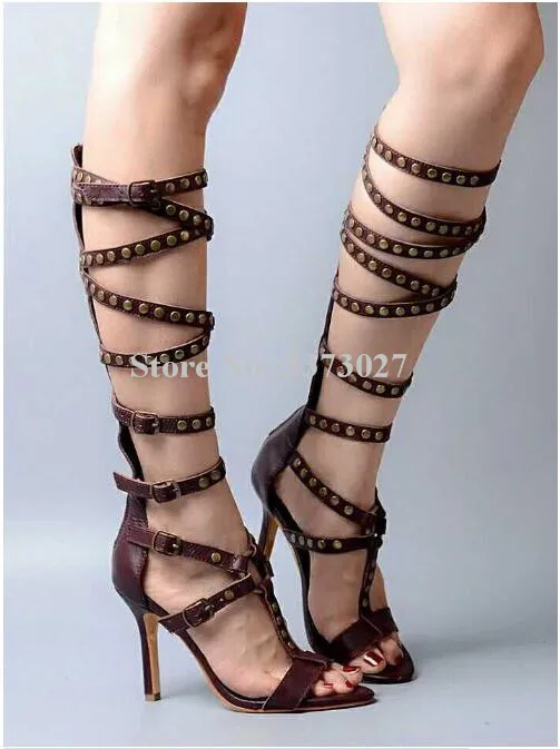 

Lady New Rivet Knee High Sandals Boots Sexy Buckle Strap Stiletto Heel Spikes Long Boots Women Popular Gladiator Sandals