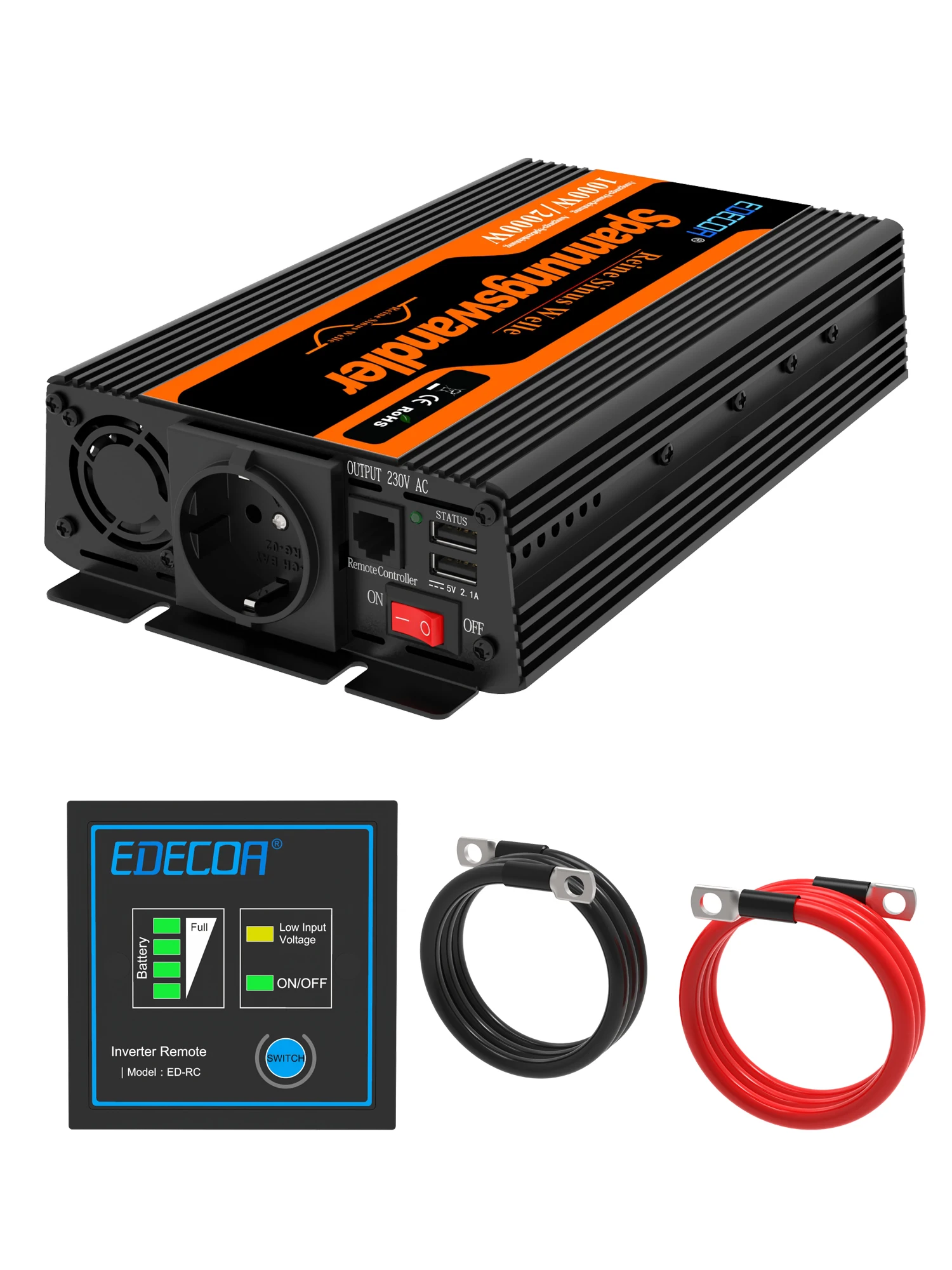 EDECOA 1000W Reiner Sinus-Wechselrichter DC 12V zu AC 220V 230V Netzunabhängiger Konverter