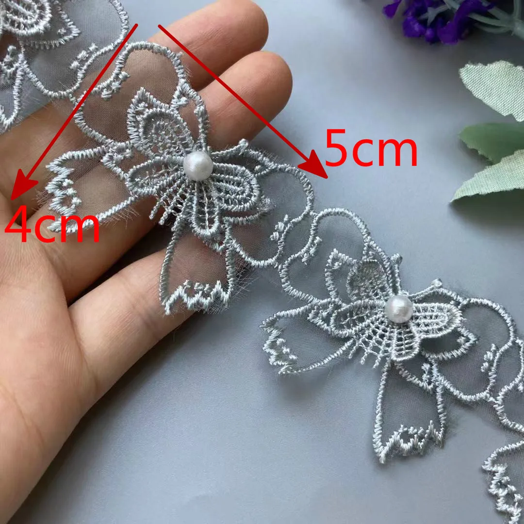 2 Yard Grey Lace Trim Ribbon Mesh Pearl Vivid Lovely Double Layer Bowknot Embroidered Patches Applique Fabric Wedding Supplies