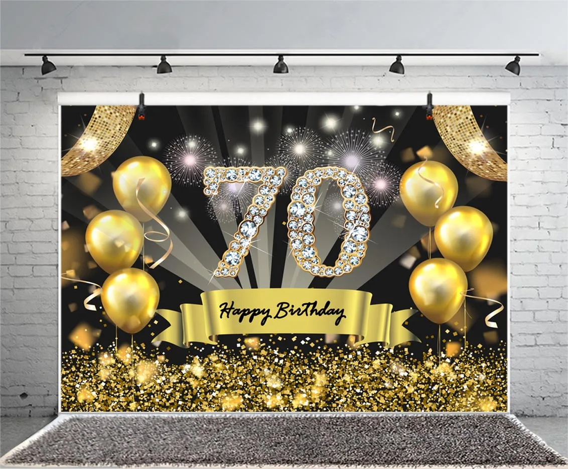 Happy 70th Birthday Backdrop Black Gold Glitter Men Women Seventy Birthday Party Banner Photography Background Photo Booth Props