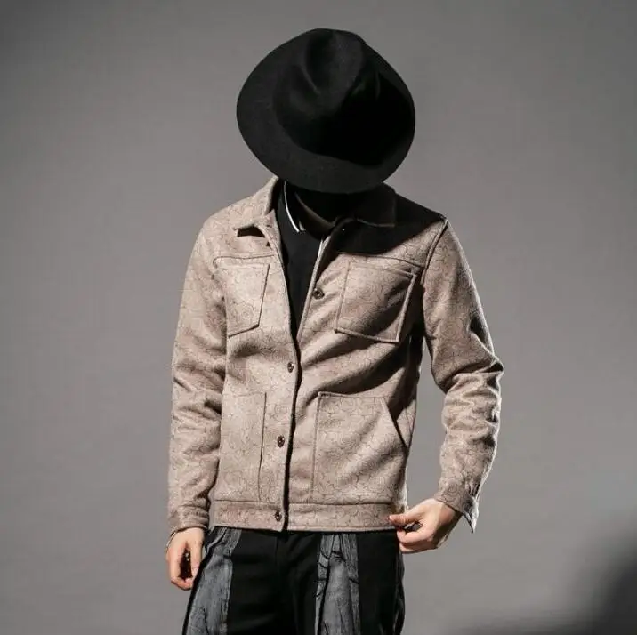 Autumn winter new Men's Brand Fashion trend Coat Korean slim casual short suede Tops Dark Flowers Lapel jacket for men