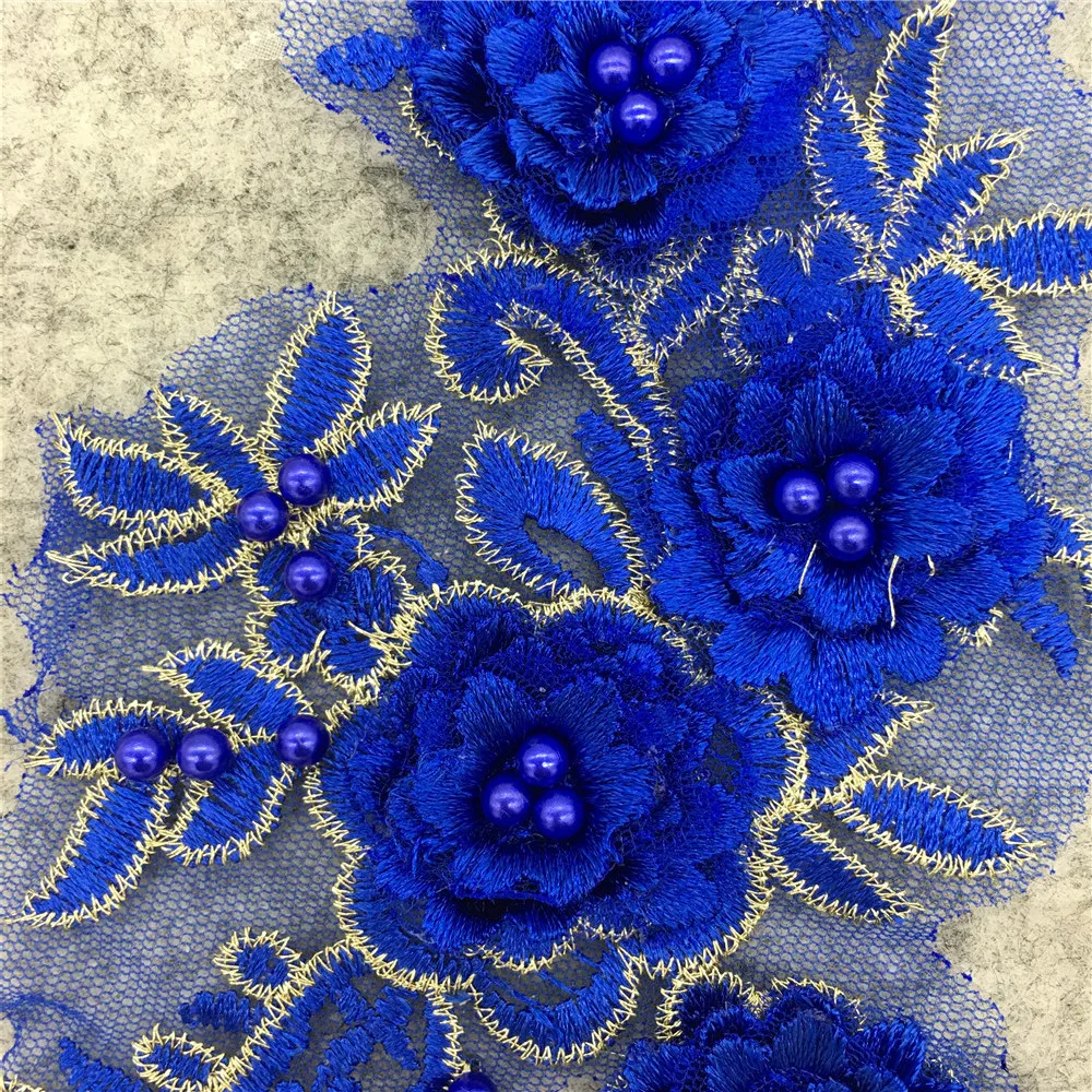 ABS pearl Flower Lace Collar Clothing Fabric Accessories Blue Organza embroidery Patches Sewing Crafts Applications for clothes