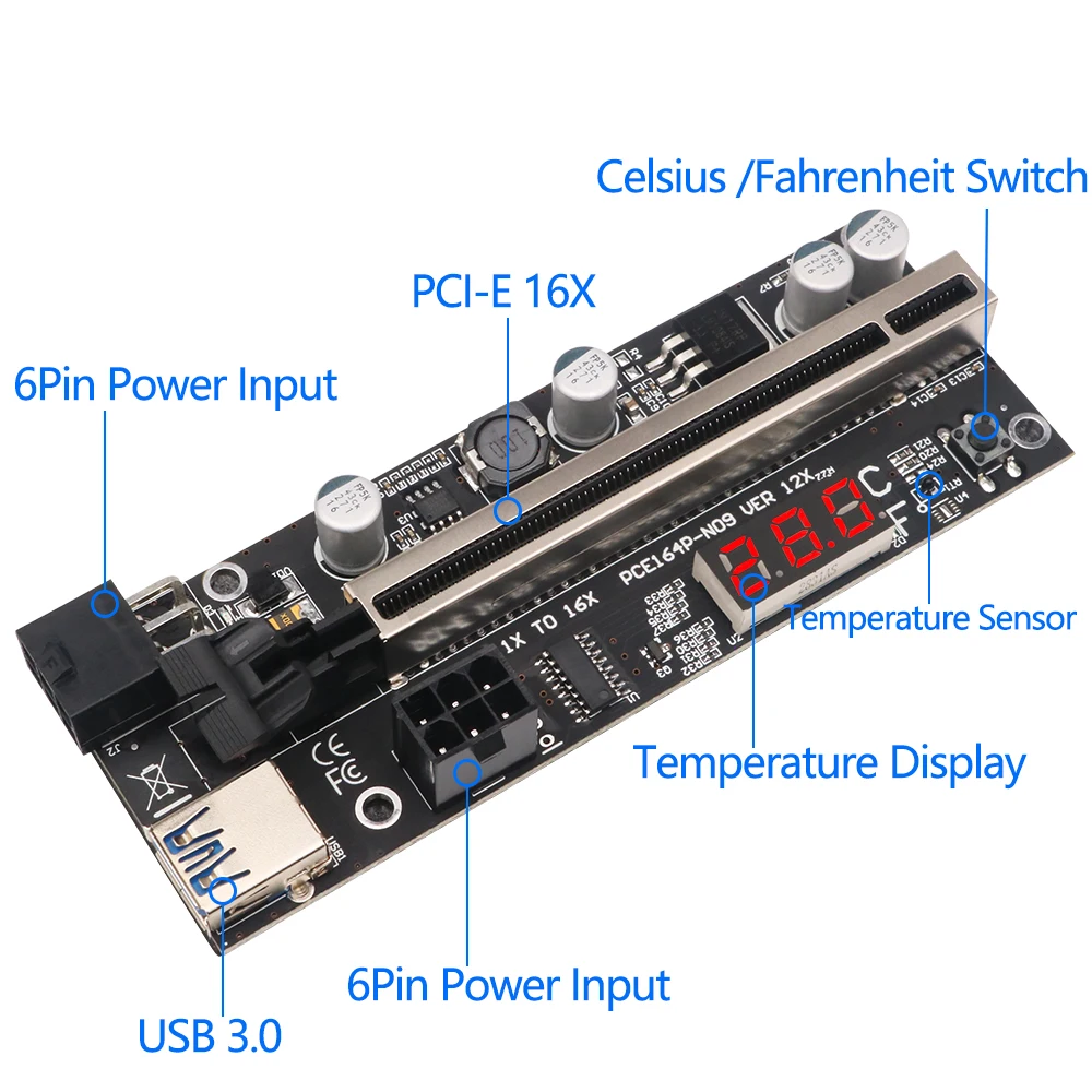 Newest Version PCIE Riser 1x to 16x Graphic Extension with Temperature Sensor for GPU Mining Powered Riser Adapter Card