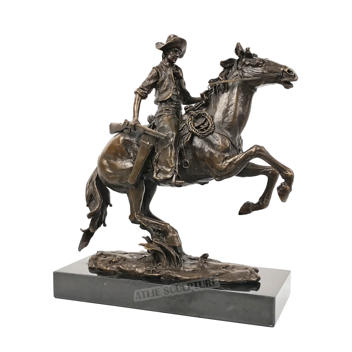 Western Cowboy with Gun Ridding Statue Vintage Man Sculpture Art Marble Base Gorgeous Office Table Decoration