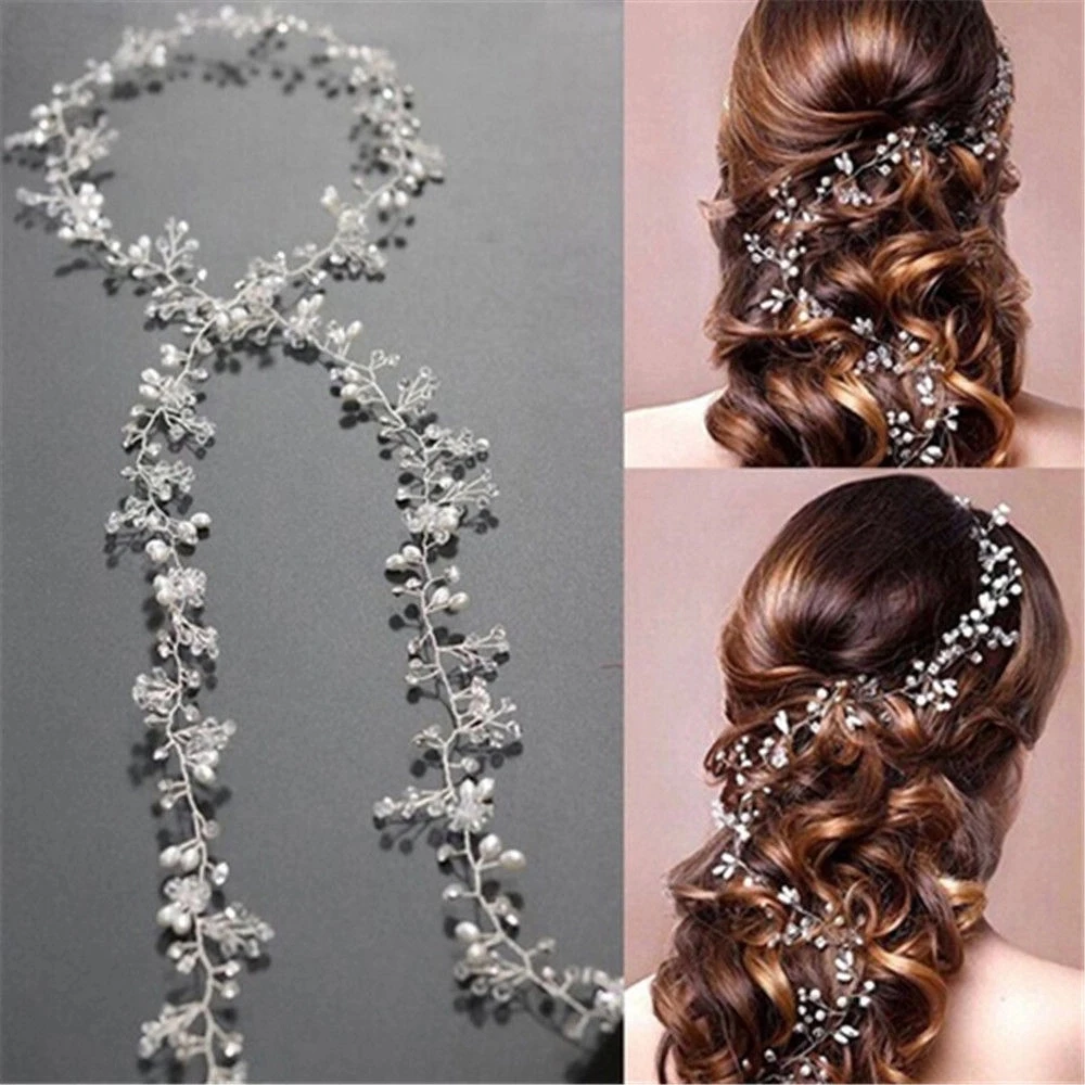 35CM Women Bridal Wedding Crystal Bride Hair Accessories Pearl Flower Headband Handmade Hairband Beads Decorative Hair Comb