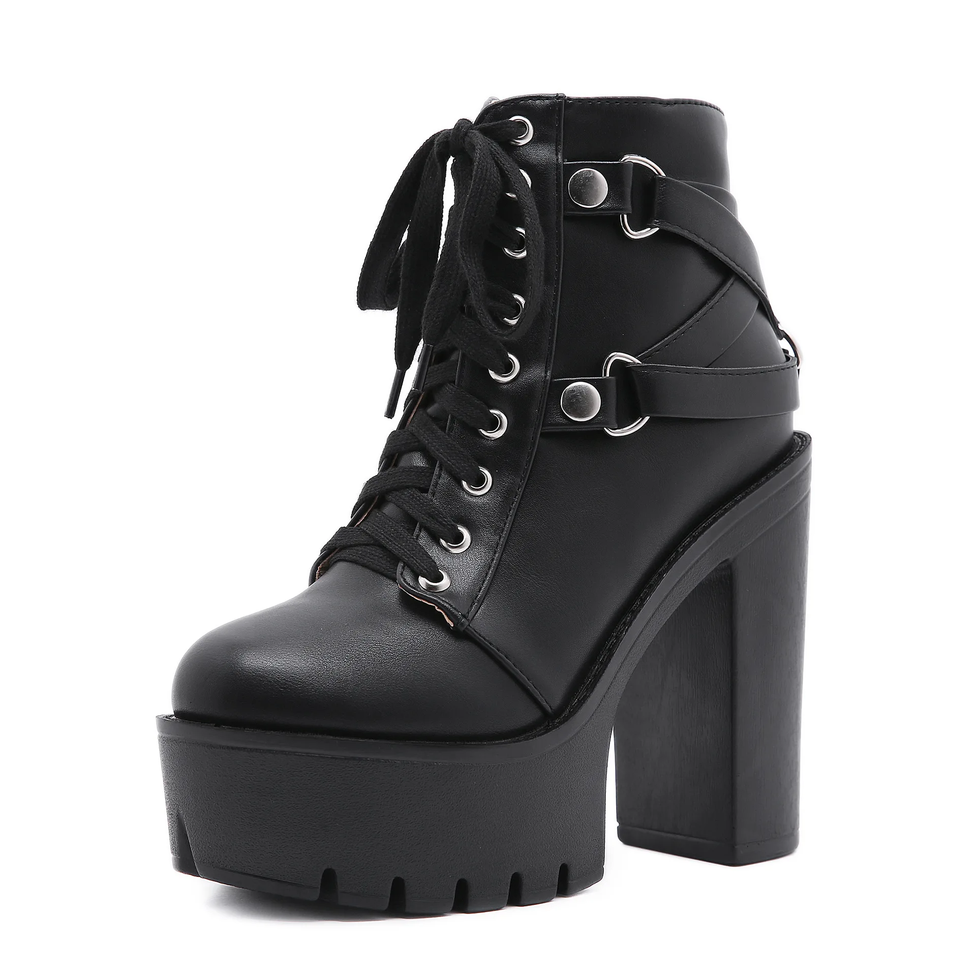 New Sexy Chain Women Leather Autumn Boots Block Heel Gothic Black Punk Style Platform Shoes Female Footwear High Quality588